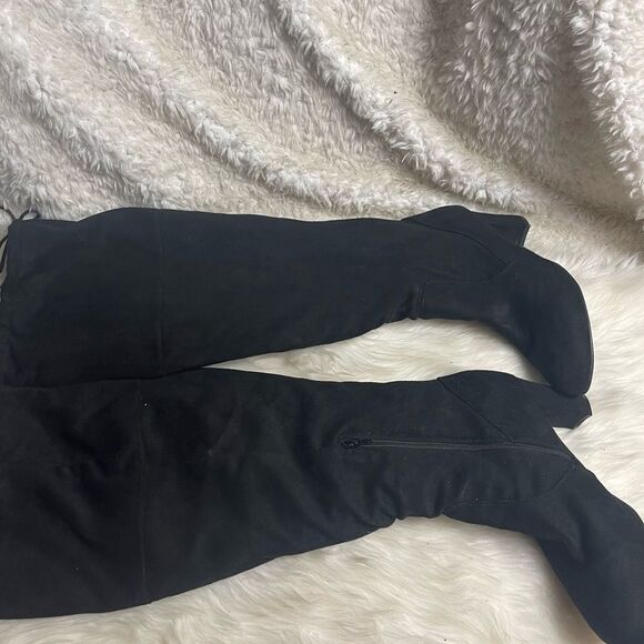 Ashley Stuart Fabric suede Black over the knee wide calf block heels boots SZ12W - Picture 4 of 9